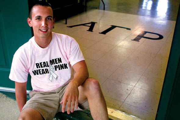 Britney McIntosh//Kentucky Kernel Will Stahl, president of Alpha Gamma Rho is beginning the second year of his Real Men Wear Pink fundraiser for the Susan G. Komen foundation. He will be selling pink Real Men Wear Pink t-shirts for ten dollars for the whole month of September during breast cancer awareness month.