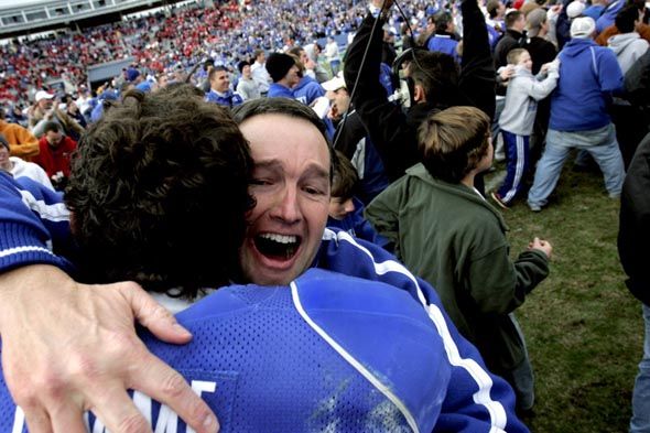 Barnhart runs in the flood of people storming the field at the end of the Georgia game on Nov. 4, where he found junior Jacob Tamme crying and hugged him.