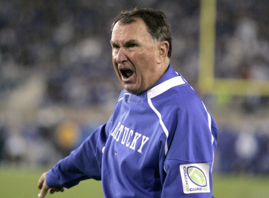 UK head coach Rich Brooks yells at his team as Florida advances to another touchdown. Florida beat UK 41-7 at Commonwealth Stadium on Saturday, Sept. 26, 2009. Photo by Allie Garza