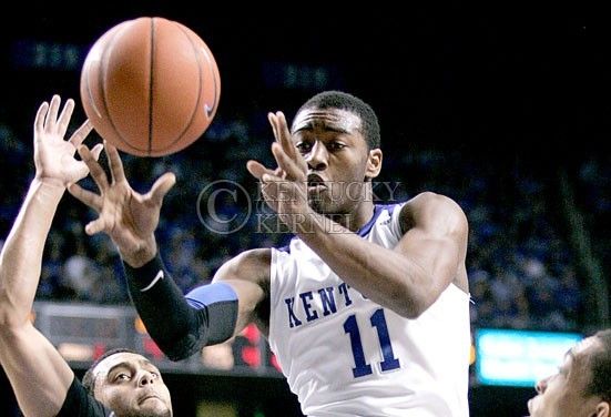 Freshman guard John Wall passed the ball during the second half of the game against Vanderbilt at Rupp Arena on Saturday. Photo by Zach Brake