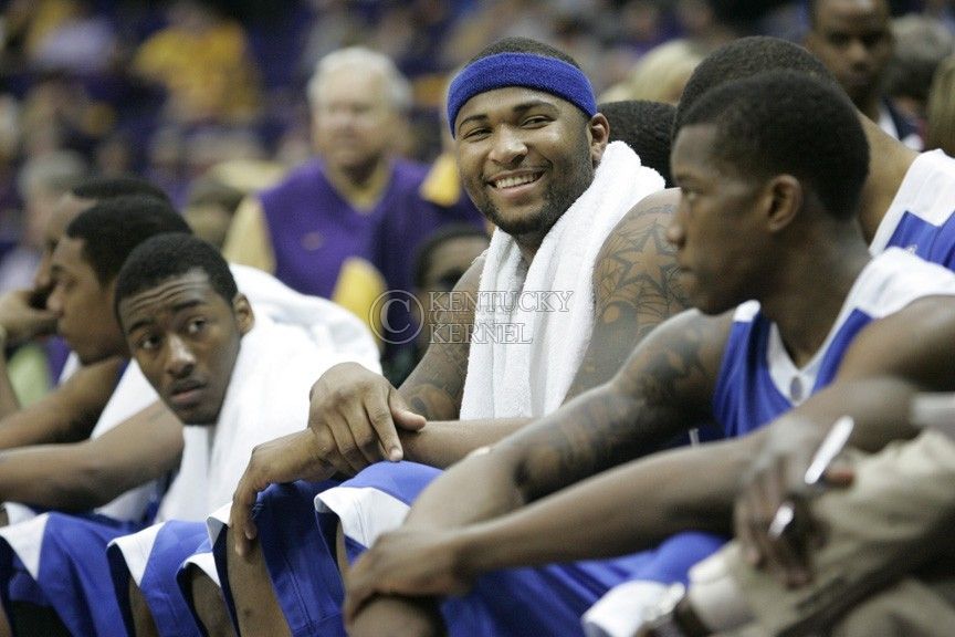 UKs+DeMarcus+Cousins+smiles+to+a+crowd+member+in+the+game+against+LSU+at+Pete+Maravich+Assembly+Center+on+Saturday%2C+Feb.+6%2C+2010.+Photo+by+Scott+Hannigan