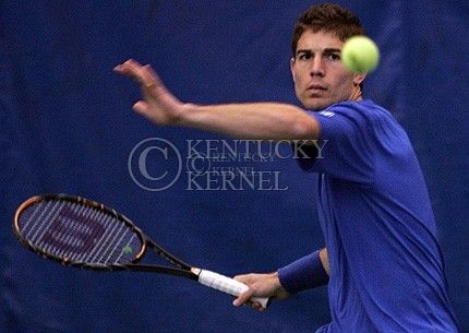 Sophomore Eric Quigley plays in a singles match against Wake Forest at Hilary J. Boone Tennis Complex on Sunday, Jan. 31, 2010. Photo by Scott Hannigan