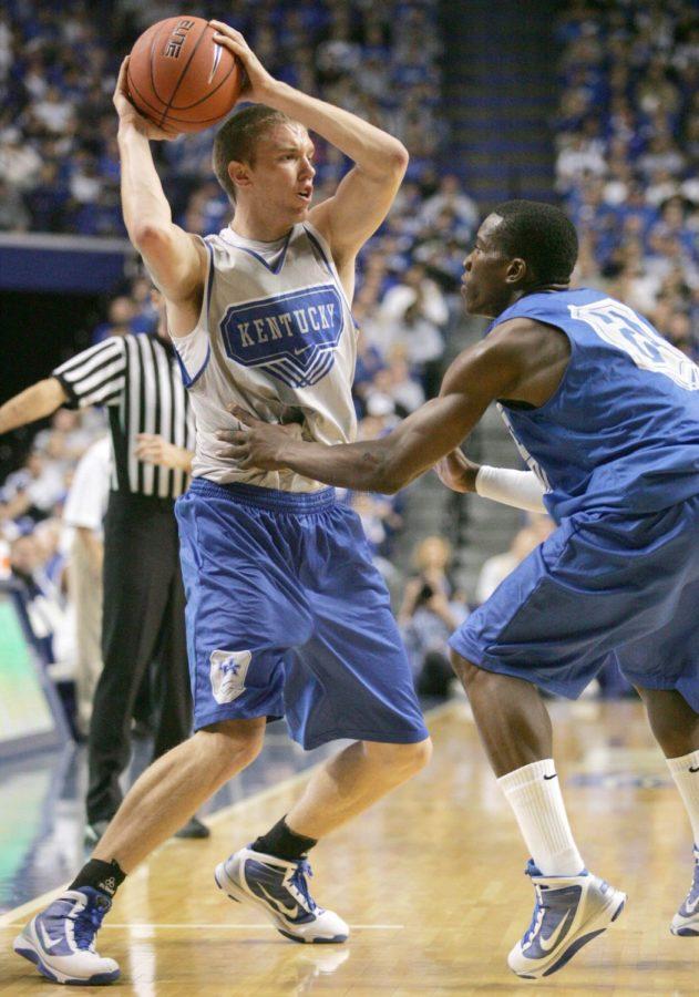UK+guard+Jon+Hood%2C+left%2C+is+guarded+by+guard+John+Wall+during+the+first+period+of+the+Blue+and+White+scrimmage+at+Rupp+Arena+Wednesday+night.+Photo+by+Zach+Brake