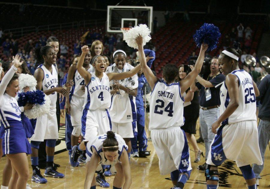 The+Kentucky+Womens+basketball+team+celebrates+their+NCAA+second+round+victory+over+Michigan+State+at+Freedom+Hall+on+Monday.+The+cats+defeated+the+Spartans+70-52.+Photo+by+Scott+Hannigan