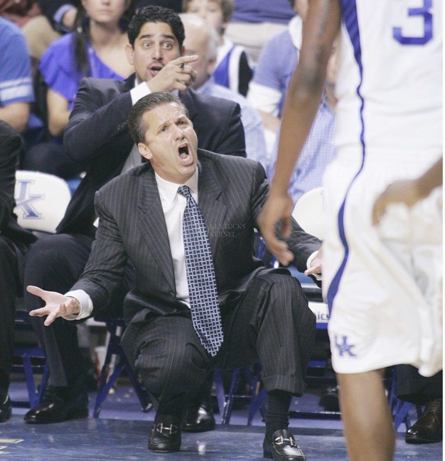 University+of+Kentucky+mens+basketball+head+coach+John+Calipari+yells+at+his+team+during+the+first+half+of+UKs+68-66+win+over+UNC+on+Saturday%2C+Dec.+5%2C+2009+in+Rupp+Arena.%0D+%0D+Photo+by+Ed+Matthews
