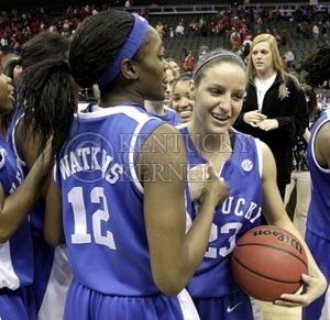 Senior Lydia Watkins and sophomore Rebecca Gray celebrate after No. 4 UK defeated No. 1 Nebraska on Sunday, March 28, 2010 at the Womens Sweet 16 Tournament in Kansas City, Mo. The Cats defeated the Huskers 76-67, sending the Cats to the Elite 8 for the first time in Kentucky history. Photo by Allie Garza