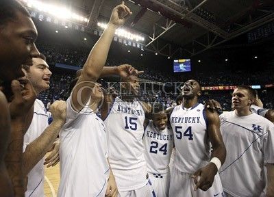 The UK mens basketball team celebrates at the end of the second half of UKs win over Florida at Rupp Arena on Sunday, March 7, 2010. Photo by Britney McIntosh