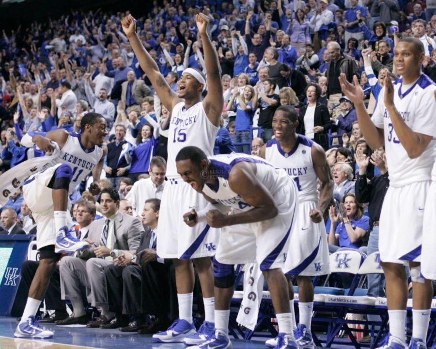 The+Wildcats+cheer+for+their+teammates+during+the+second+half+of+the+game+agaisnt+the+Razorbacks+at+Rupp+Arena+on+Saturday.+The+Cats+defeated+the+Razorbacks+101-70%2C+making+them+the+No.+1+team+in+the+nation.+Photo+by+Zach+Brake
