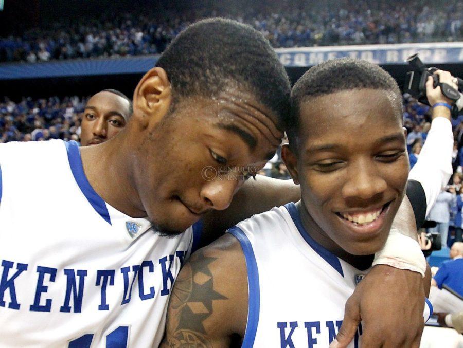 Freshmen+John+Wall+and+Eric+Bledsoe+hug+at+the+conclusion+of+UKs+win+over+Florida+at+Rupp+Arena+on+Sunday%2C+March+7%2C+2010.+Photo+by+Britney+McIntosh