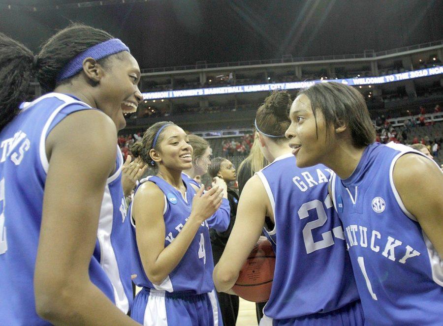 Senior+guard+Lydia+Watkins+and+freshman+gard+Adia+Mathies+celebrate+after+No.+4+UK+Womens+Hoops+beat+No.+1+Nebraska+on+Sunday%2C+March+28%2C+2010+at+the+Womens+Sweet+16+Tournament+in+Kansas+City%2C+Mo.+The+Cats+defeated+the+Huskers+76-67%2C+sending+the+Cats+to+the+Elite+8+for+the+first+time+in+Kentucky+history.+Photo+by+Allie+Garza