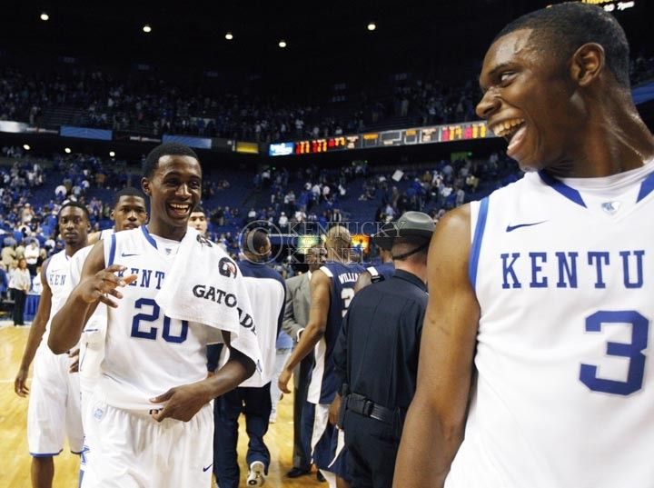 Terrence Jones laughs with Doron Lamb after the second half of UK's win over ETSU at Rupp Arena on Friday Nov. 12 , 2010. Photo by Britney McIntosh