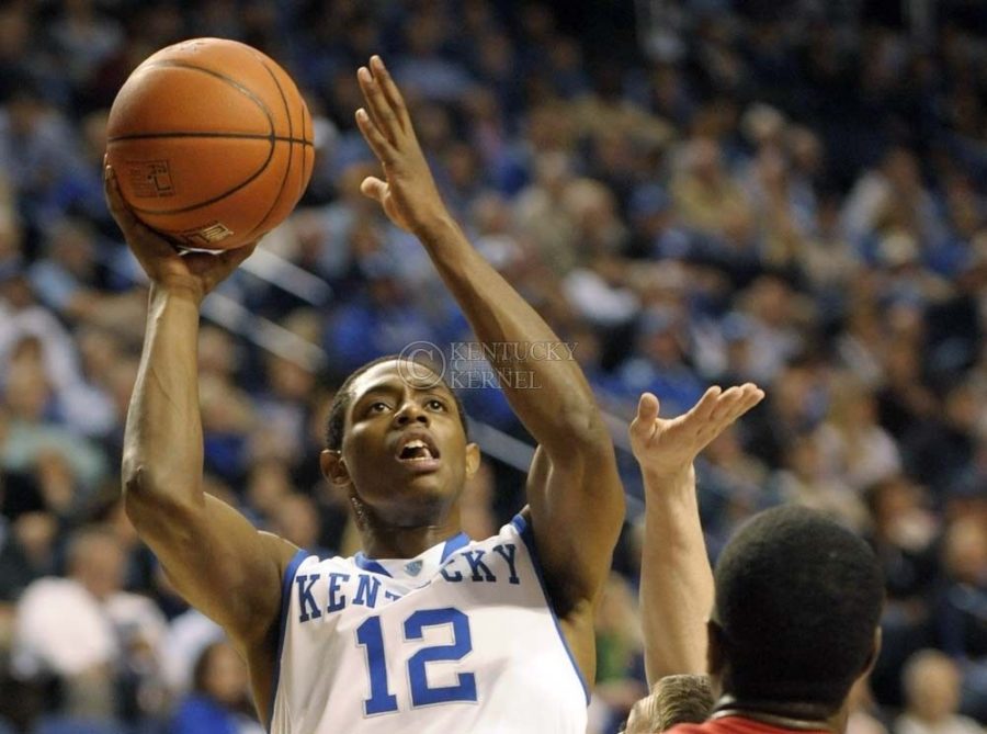 UK's Brandon Knight shoots the ball during the first half of the University of Kentucky's basketball game against Boston at Rupp Arena in Lexington, Ky., on 11/30/10. UK led the game at half 40-33. Photo by Mike Weaver