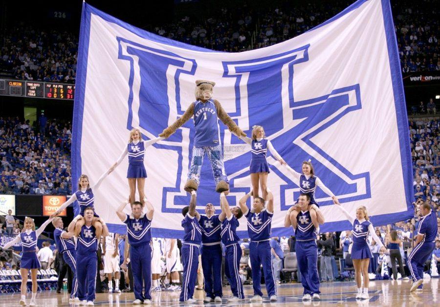 The+UK+cheerleaders+make+a+pyramid+during+a+time-out+during+the+mens+basketball+game+against+Clarion+at+Rupp+Arena+on+Friday%2C+Nov.+6%2C+2009.+The+Wildcats+won+117-52+over+the+Golden+Eagles.+Photo+by+Adam+Wolffbrandt