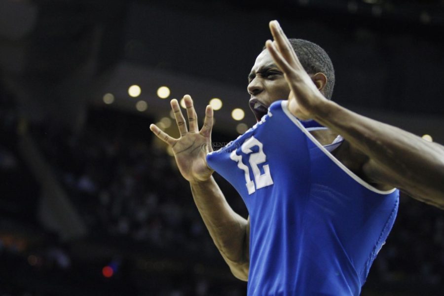Brandon Knight shows off his jersey after UK's Sweet 16 NCAA tournament win, 62-60 against 1 seed Ohio State at the Prudential Center in Newark, New Jersey on Friday, March 25, 2011. Photo by Britney McIntosh