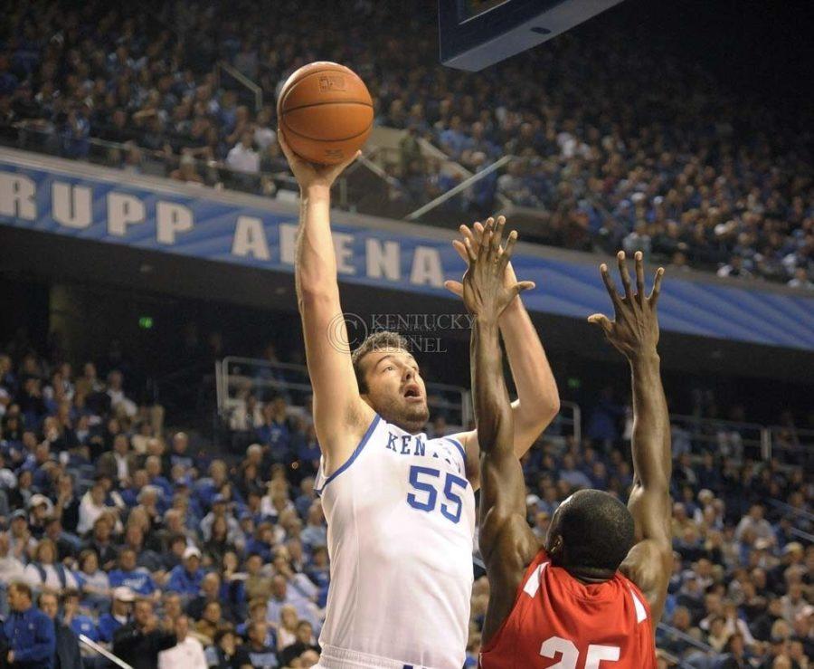 UKs Josh Harrellson pulls up a shot during the first half of the University of Kentuckys basketball game against Boston at Rupp Arena in Lexington, Ky., on 11/30/10. UK led the game at half 40-33. Photo by Mike Weaver