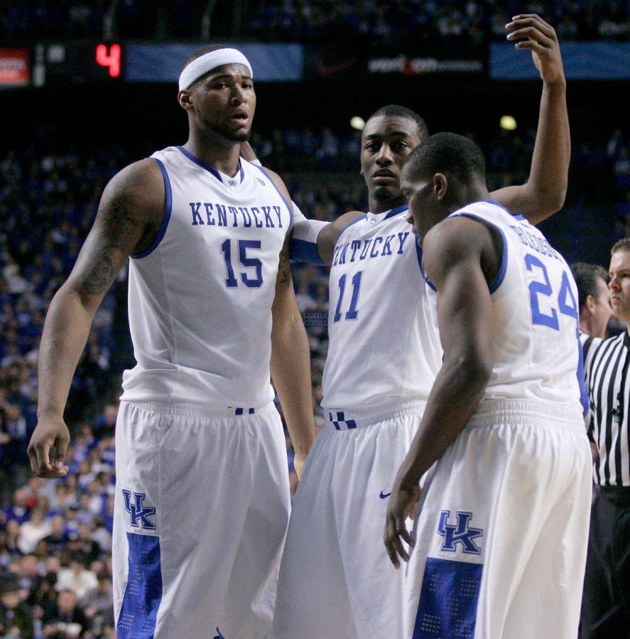 UK freshman John Wall brings together freshman DeMarcus Cousins and Eric Bledsoe near the end of the second half of UK 82-61 win over the University of South Carolina on Thursday, Feb. 25, 2010 at Rupp Arena. Photo by Allie Garza