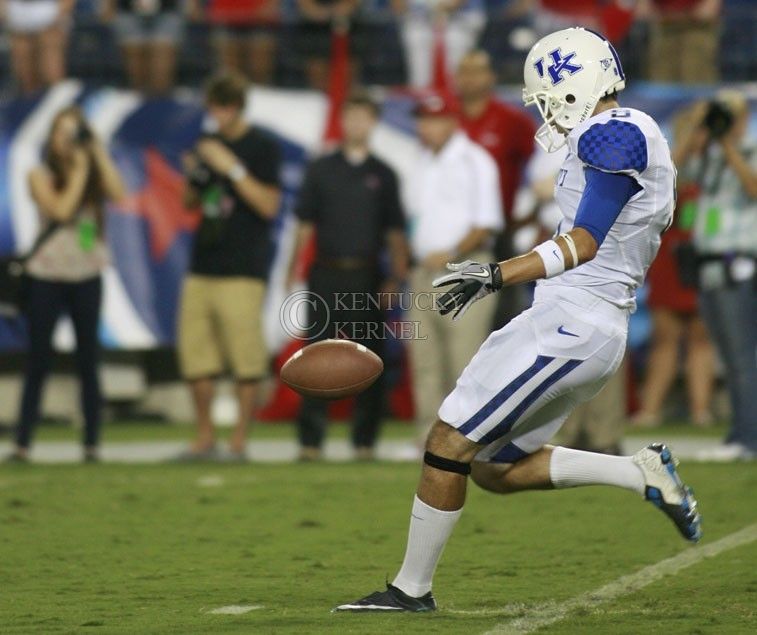 UK+punter+Ryan+Tydlacka+prepares+for+a+punt+during+the+first+half+of+UKs+season+opener+against+Western+Kentucky+at+LP+Field+in+Nashville%2C+Tennessee.+Monday%2C+Sept.+1%2C+2011+in+Lexington%2C+Ky.+Photo+by+Brandon+Goodwin