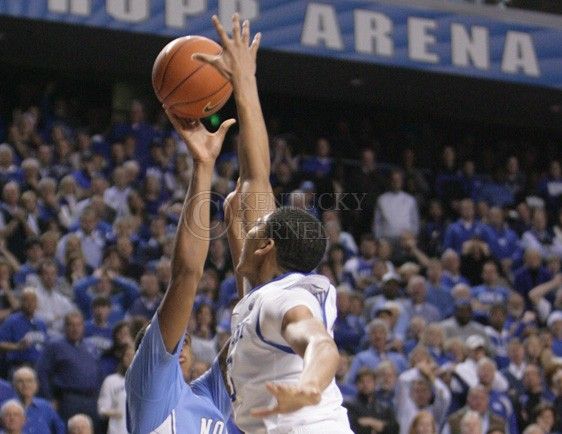 UK freshman forward Anthony Davis blocks North Carolina forward John Henson final shot to win the game during the second half of UKs home game against North Carolina at Rupp Arena in Lexington, Ky., Dec. 1, 2011. UK beat North Carolina 73-72. Photo by Brandon Goodwin