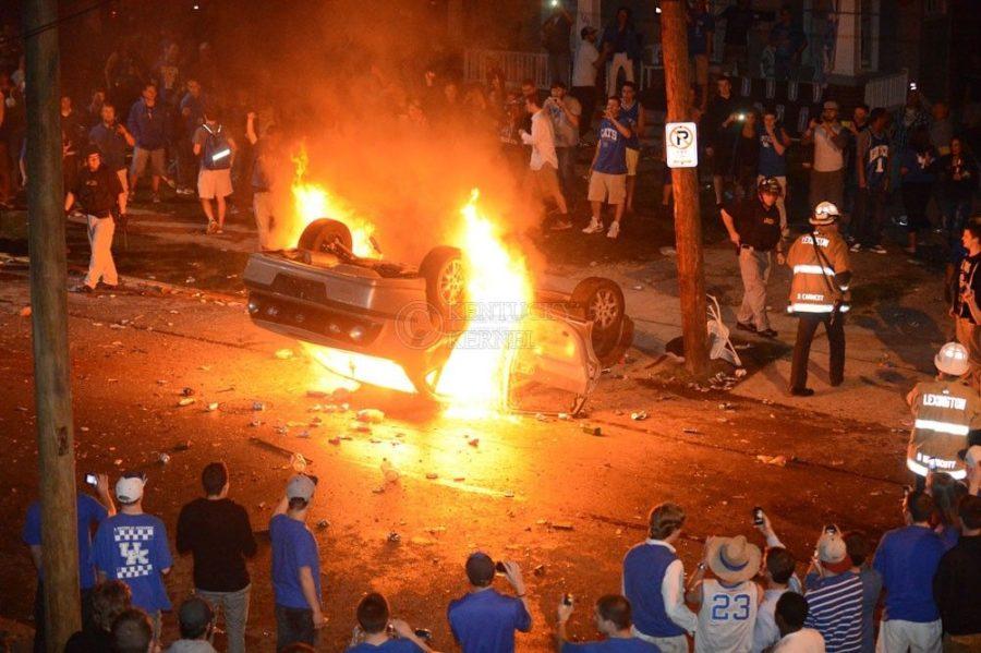 A+burning+car+overturned+after+UKs+2012+Final+Four+victory+over+Louisville.%C2%A0