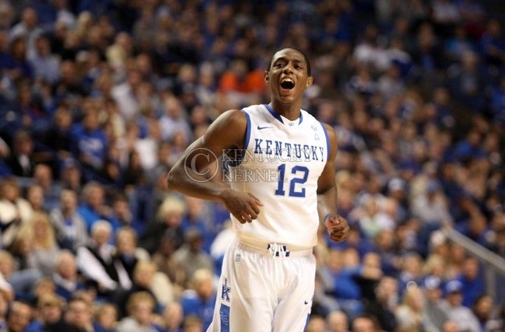 Freshman guard Brandon Knight celebrates after making a shot in the second half of UK's first exhibition game vs. Pikeville on Mon. Nov. 1, 2010. Photo by Britney McIntosh