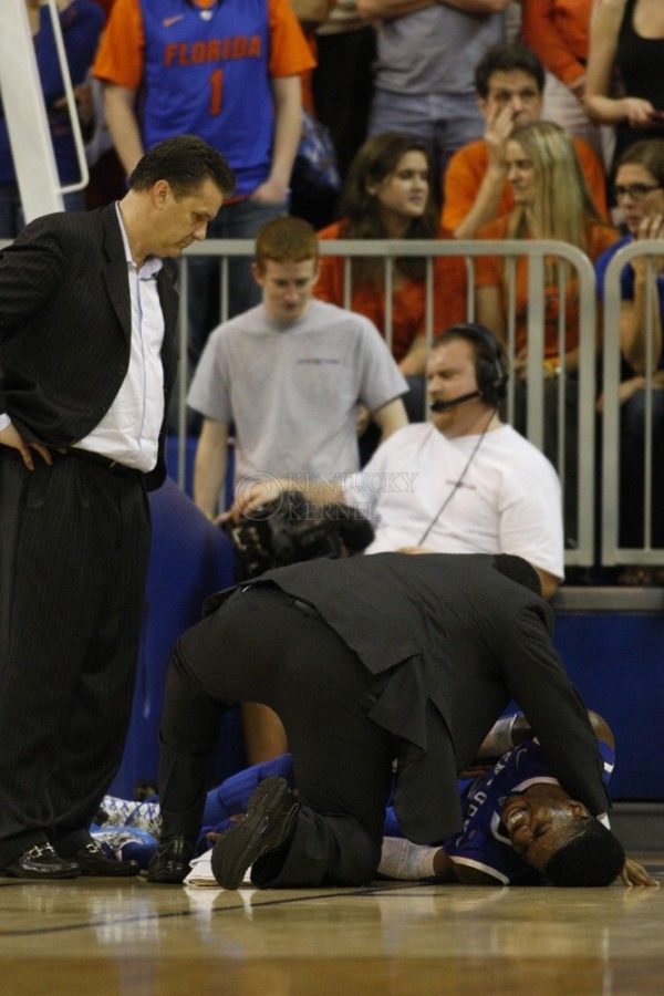 UK freshman forward Nerlens Noel on the ground after falling during the second half of the University of Kentucky vs. University of Florida mens basketball game at the OConnell Center in Gainesville, Fl., on Tuesday, February 12, 2013. UK lost 69-52. Photo by Tessa Lighty