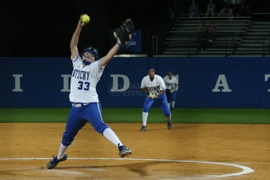 UK+freshman+pitcher+Kelsey+Nunley+throws+a+pitch+against+Marshall+in+the+softball+NCAA+Tournament+Lexington+Regional+at+John+Cropp+Stadium+in+Lexington%2C+Ky.%2C+on+Friday%2C+May+17%2C+2013.+UK+won+the+game+in+extra+innings.+Photo+by+Tom+Hurley