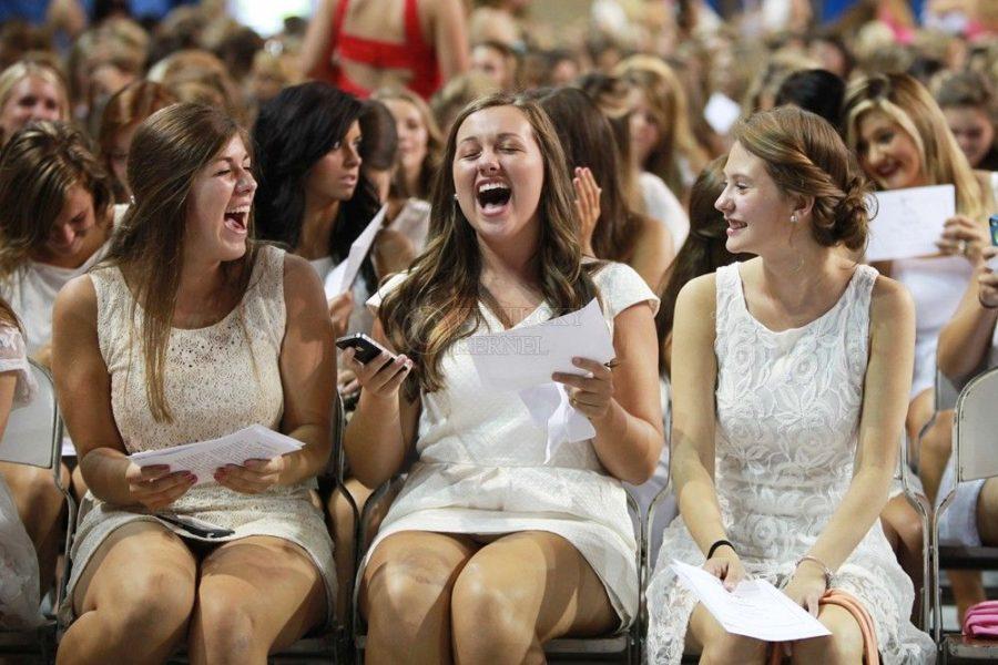 Girls react to their sorority selection at sorority bid day in Lexington, Ky., on Monday August 22nd, 2013. Photo by Emily Wuetcher