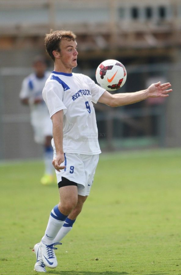 Senior+forward+Tyler+Riggs+fields+a+ball+of+his+chest+in+Lexington%2C+Ky.%2C+on+Sunday%2C+September+8%2C+2013.+Photo+by+Michael+Reaves