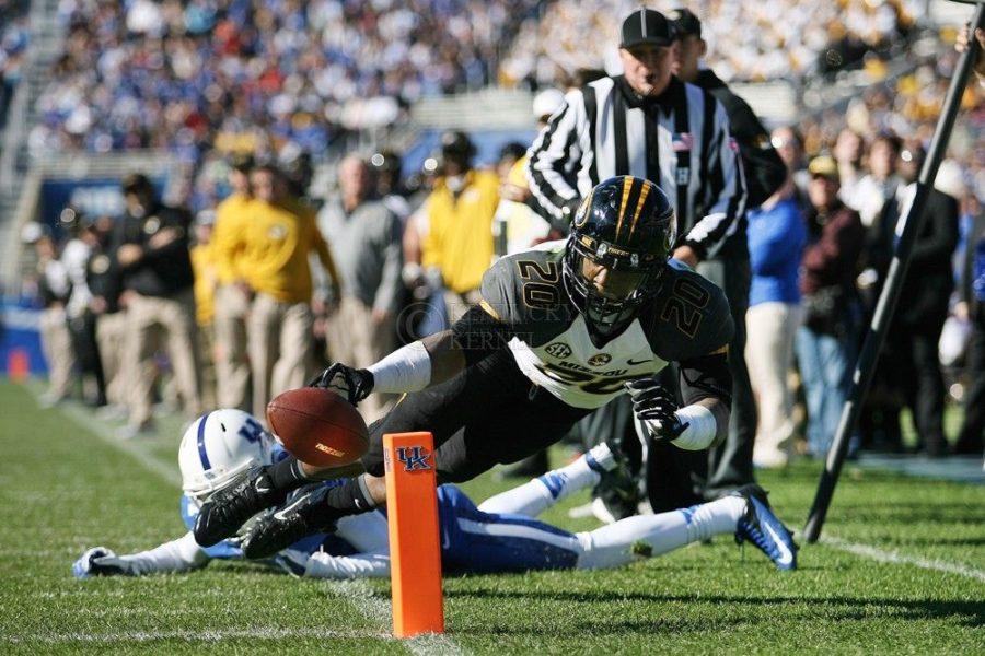 Missouri running back Henry Josey dives for a touchdown during the first half of the University of Kentucky vs. Missouri University football game at Commonwealth Stadium in Lexington, Ky., on Saturday, November 9, 2013. UK trails Missouri 28-3 at the half. Photo by Michael Reaves