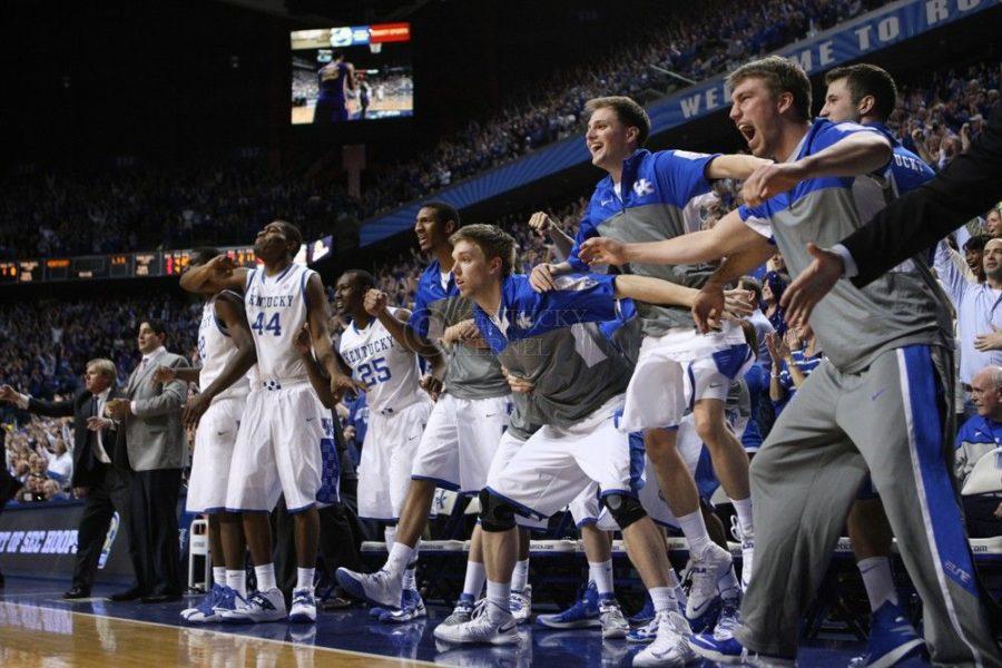 The+UK+bench+celebrates+after+Kentucky+Wildcats+forward+Julius+Randle+%2830%29+hits+a+game+winning+shot+at+the+end+of+second+half+of+the+UK+mens+basketball+game+against+LSU+at+Rupp+Arena+in+Lexington%2C+Ky.%2C+on+Saturday%2C+February%2C+22%2C+2014.+Photo+by+Jonathan+Krueger
