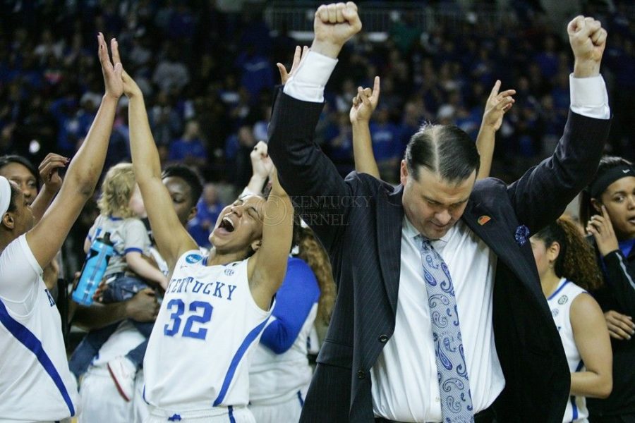 The+team+cheers+after+defeating+Syracuse+during+the+womens+NCAA+Tournament+vs.+Syracuse+at+Memorial+Coliseum+in+Lexington%2C+Ky.%2C+on+Monday%2C+March+24%2C+2014.+Kentucky+defeated+Syracuse+64+to+59.+Photo+by+Adam+Pennavaria