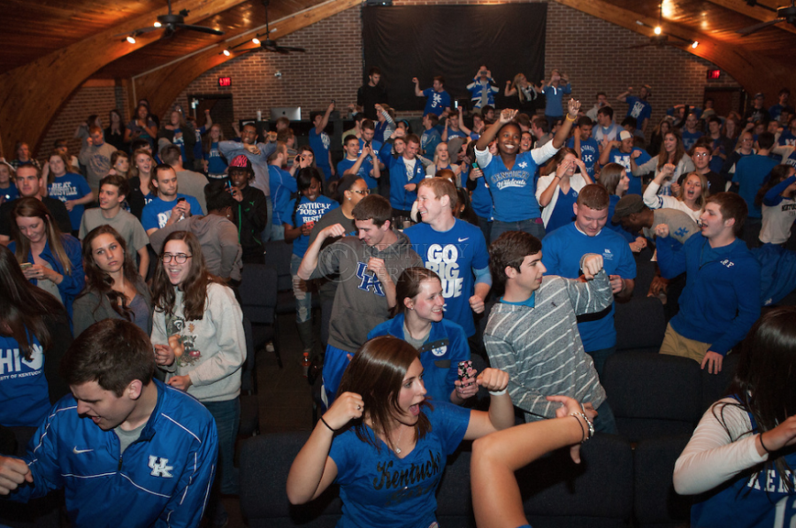 Kentucky students at CSF dance in celebration after Kentucky defeated Louisville 74-69 in Lexington, Ky., on Friday, March 28, 2014. Photo by Adam Pennavaria