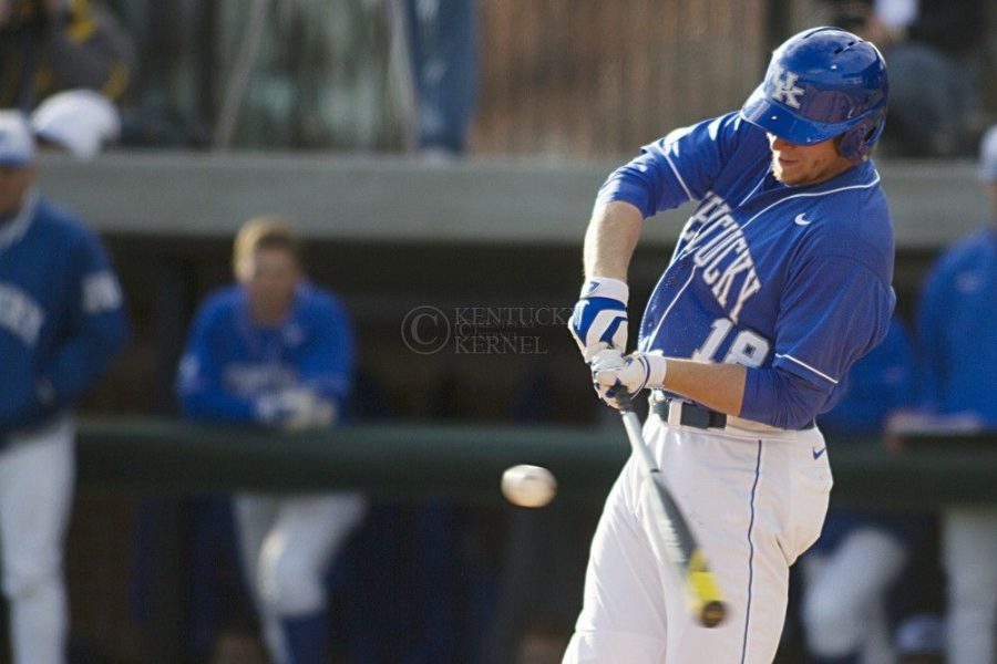 UK+designated+hitter+A.J.+Reed+hits+a+deep+fly+ball+during+the+game+between+the+University+of+Kentucky+baseball+team+vs.+Wright+State+University+in+Lexington+%2C+Ky.%2Con+Tuesday%2C+February+25%2C+2014.+Photo+by+Michael+Reaves