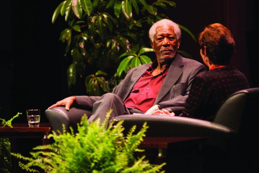 Actor/producer Morgan Freeman and Barbara Bailey of WKYT discuss Freemans career in film at the Singletary Center in Lexington, Ky., on Monday, April 14, 2014. Photo by Adam Pennavaria