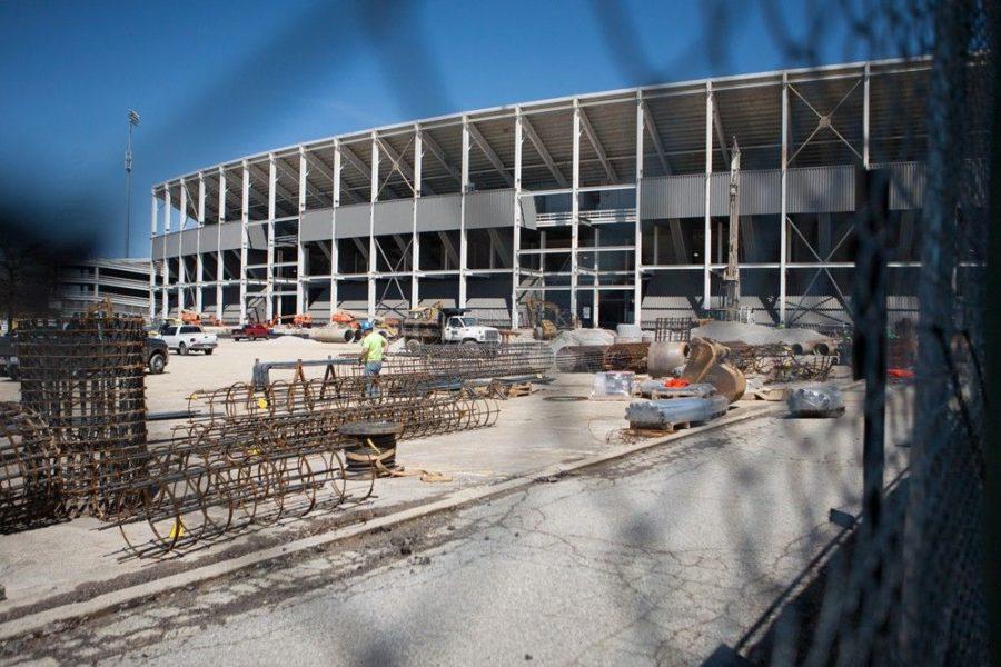Construction progresses at Commonwealth Stadium in Lexington, Ky., on Thursday, April 17, 2014. Photo by Adam Pennavaria