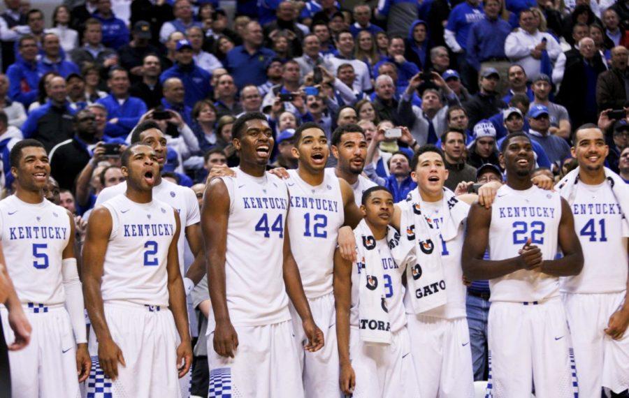 The+UK+bench+celebrates+a+big+play+late+during+the+second+half+of+the+University+of+Kentucky+vs.+Kansas+University+mens+Basketball+game+at+Bankers+Life+Fieldhouse+in+Indianapolis+%2C+In.%2C+on+Tuesday%2C+November+18%2C+2014+Kentucky+won+72-40+over+Kansas.+Photo+by+Jonathan+Krueger