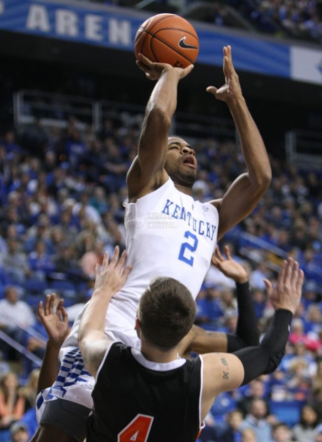 Kentucky+guard+Aaron+Harrison+knocks+down+Georgetown+guard+Noah+Cottrill+during+the+first+half+of+the+UK+mens+basketball+exhibition+game+against+Georgetown+College+at+Rupp+Arena+on+Sunday%2C+November+9%2C+2014+in+Lexington%2C+Ky.+Kentucky+leads+Georgetown+60+to+24.+Photo+by+Adam+Pennavaria