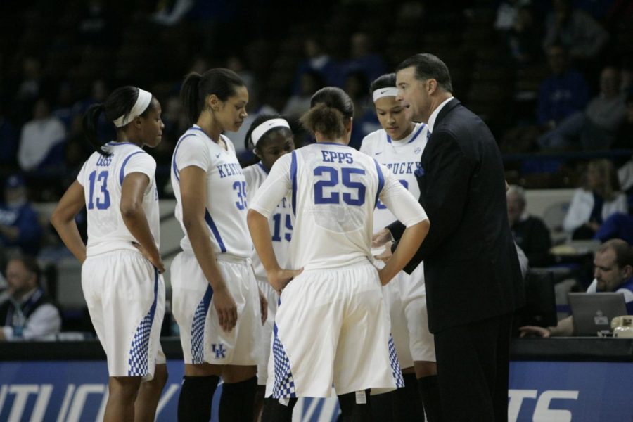 Head+coach+Matthew+Mitchell+discusses+with+his+team+during+a+timeout+within+the+second-half+of+the+UK+womens+basketball+game+against+Appalachian+State+in+Memorial+Coliseum+on+Friday%2C+November+14%2C+2014.+Photo+by+Marcus+Dorsey