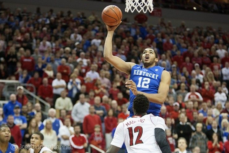 Center Karl-Anthony Towns of the Kentucky Wildcats shoots during the game against the Louisville Cardinals at KFC Yum! Center on Saturday, December 27, 2014 in Louisville `, Ky. Kentucky defeated Louisville 58-50. Photo by Michael Reaves