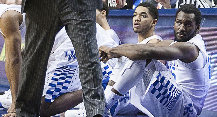 Guards Aaron Harrison and Dominique Hawkins of the Kentucky Wildcats look on during the game against the Missouri Tigers at Rupp Arena on Tuesday, January 13, 2015 in in Lexington, Ky. Kentucky defeated Missouri 86-37. Photo by Michael Reaves