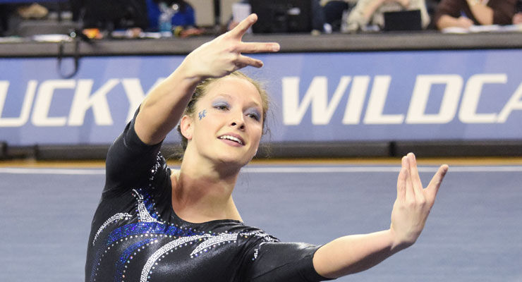 Kayla Hartley competes during her floor routine on Friday, February 20, 2015 in Lexington, Ky. Photo by Hunter Mitchell