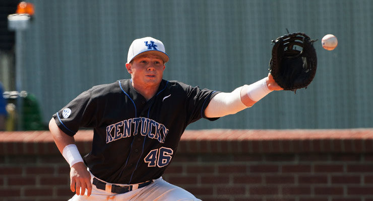 Junior infielder/catcher Thomas Bernal stretches for a out during the game between the University of Kentucky baseball team vs. University of Missouri in Lexington , Ky.,on Sunday, April 13, 2014. Photo by Michael Reaves