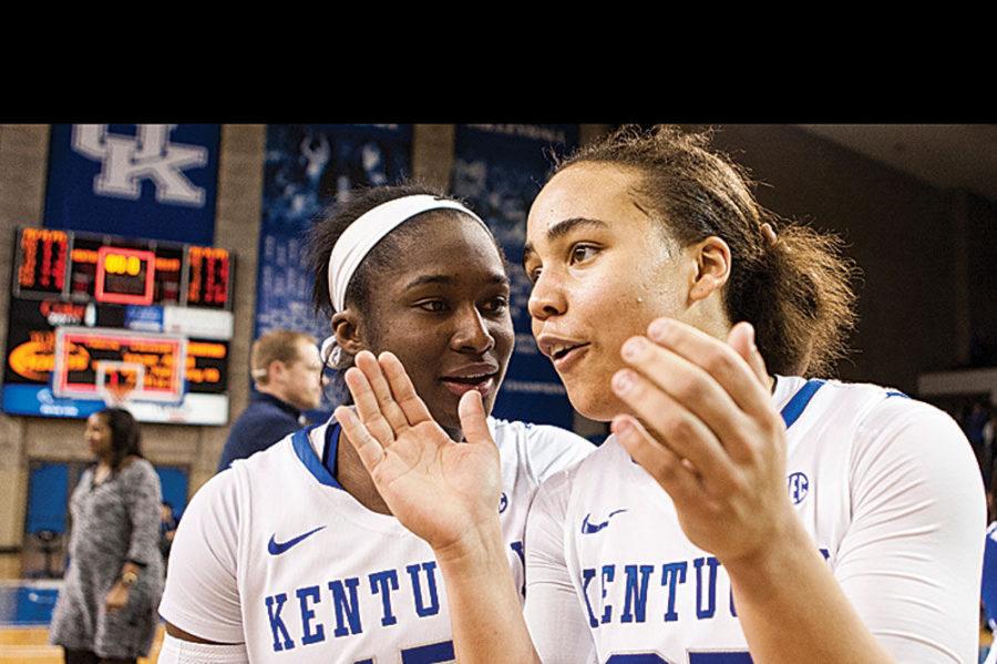 Kentucky guards Linnae Harper and Makayla Epps celebrate after UK defeats Mississippi State at Memorial Coliseum on Thursday, February 12, 2015. Kentucky defeated Mississippi 92-90. Photo by Michael Reaves