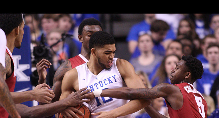 UK forward Karl-Anthony Towns (12) struggles with the ball against multiple Alabama players during the second half of the mens basketball game against Alabama in Rupp Arena on Wednesday, January 31, 2015. Photo by Marcus Dorsey