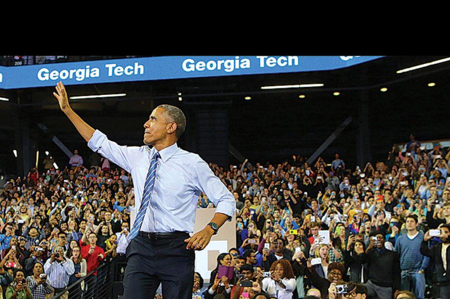 President Barack Obama receives a standing ovation as he takes the stage to discuss college affordability and access to quality higher education at Georgia Tech on Tuesday, March 10, 2015, in Atlanta. (Curtis Compton/Atlanta Journal-Constitution/TNS)