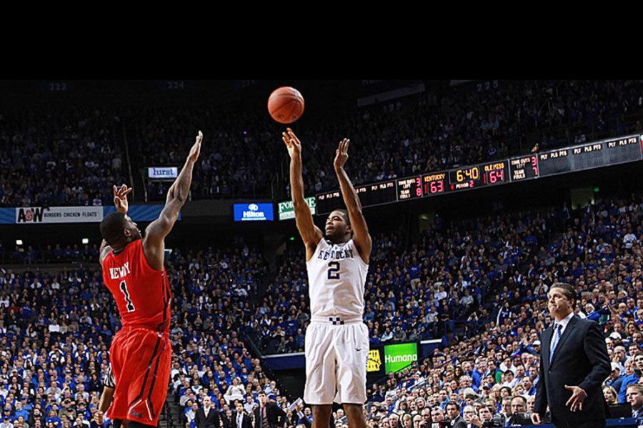 UK guard Aaron Harrison scores a 3 point basket during UK vs. Ole Miss at Rupp Arena in Lexington, Ky., on Tuesday, January 6, 2015. Photo by Emily Wuetcher