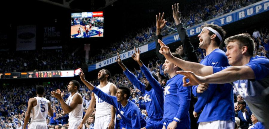 The+Kentucky+bench+erupts+after+a+three+point+shot+during+the+second+half+of+the+University+of+Kentucky+vs.+Arkansas+at+Rupp+Arena+in+Lexington+%2C+Ky.%2C+on+Saturday%2C+February+28%2C+2015.+Photo+by+Jonathan+Krueger