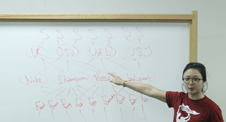 Julia Wang, the International campaigns coordinator with the United Students Against Sweatshops explains how big name companies work and how their products get from workers to buying at a USAS Tour stop in the Student Center. Tuesday, March 3, 2015 in Lexington. Photo by Joel Repoley