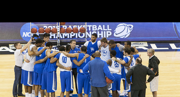 The+Kentucky+Wildcats+huddle+during+a+open+practice+prior+to+the+game+against+the+Hampton+Pirates+at+KFC+Yum%21+Center+on+Wednesday%2C+March+18%2C+2015+in+Louisville+%2C+Ky.+Kentucky%2C+the+overall+number+1+seed%2C+opens+its+NCAA+tournament+Thursday+at+approx.+9%3A40+EST.+Photo+by+Michael+Reaves