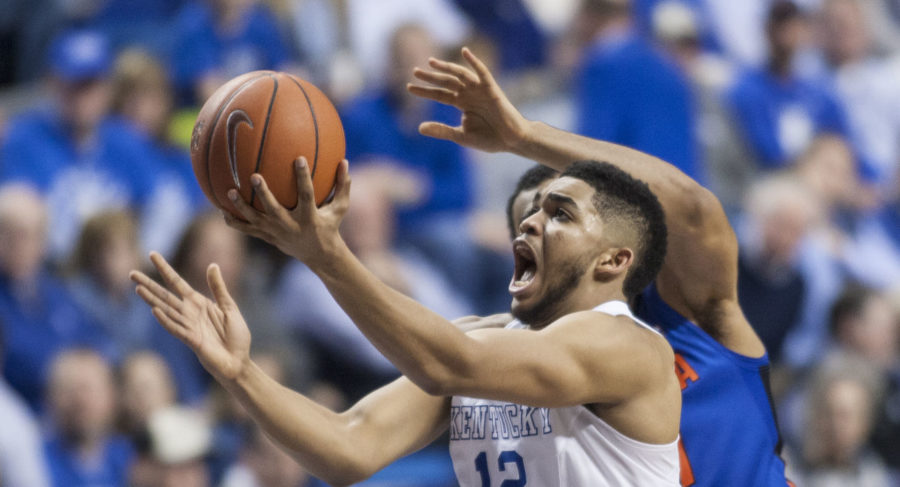 Center Karl-Anthony Towns of the Kentucky Wildcats goes for a layup during the game against the Florida Gators at Rupp Arena on Saturday, March 7, 2015 in Lexington, Ky. Kentucky defeated Florida 67-50 to complete a undefeated regular season. Photo by Michael Reaves